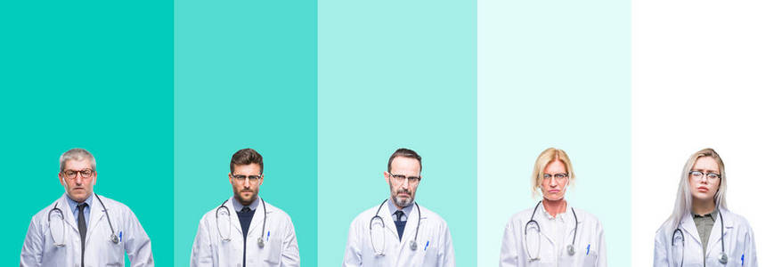 一群戴着听诊器的医生在五颜六色的孤立背景下抱着怀疑和紧张的情绪，眉头皱着，因为问题而心烦意乱。消极的人。