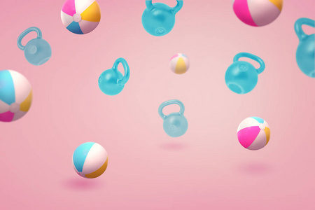 3d 渲染许多五颜六色的沙滩球和蓝色壶铃在粉红色的背景飞行