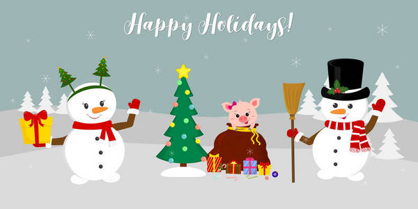 新年和圣诞卡。 两个可爱的雪人靠近圣诞树，带着礼物。 圣诞老人包里有一只小猪，冬天在雪花的背景下送礼物。 卡通风格矢量。