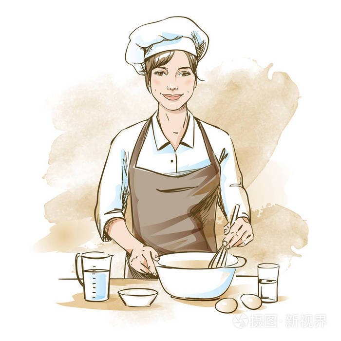 女厨师正在用搅拌器做饭 手绘矢量插图艺术水彩背景.