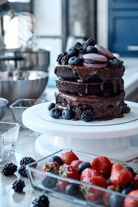 新鲜美味的自制巧克力蛋糕, 浆果和通心粉