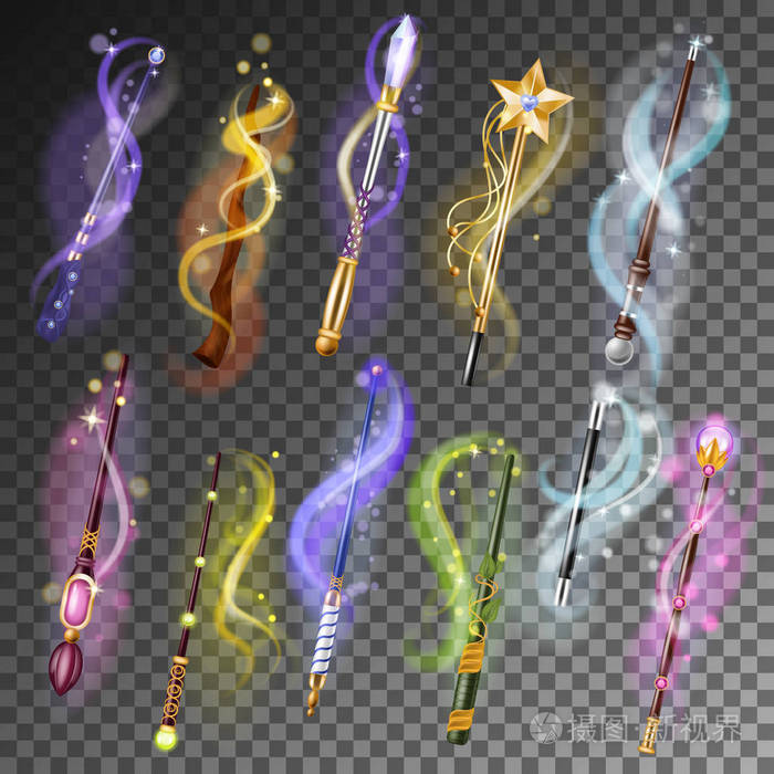 魔杖矢量奇迹棒幻想魔术师巫师对象例证神奇的一套童话般的符号与星