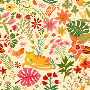 矢量无缝花卉图案。五颜六色的壁纸莲花动物鸟。手拉矢量插图为网, 包装纸, 纺织品, 织物, 手机盖