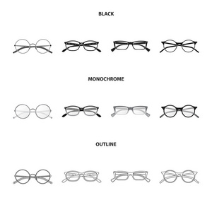 眼镜和框架图标的矢量插图。一套眼镜和附件矢量图标股票