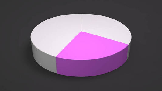 白色饼图，黑色背景上有一个紫色的扇形。 信息模型。 三维渲染图