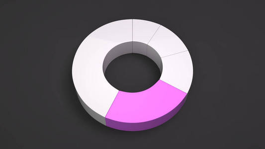 白色环形饼图，黑色背景上有一个紫色的扇形。 信息模型。 三维渲染图