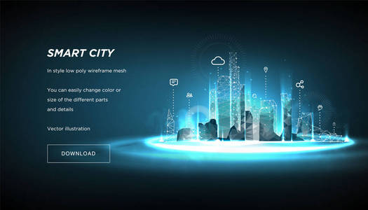 智能城市低聚线框在蓝色背景。城市未来抽象或大都市。智能楼宇自动化系统的经营理念。多边形空间低多边形与连接的点和线。韦克托