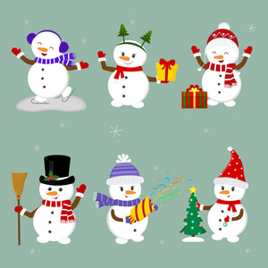 新年和圣诞卡。 一套六个可爱的雪人在冬天戴着不同的帽子和姿势。 圣诞树礼物，纸屑，溜冰鞋和冰。 卡通风格矢量。