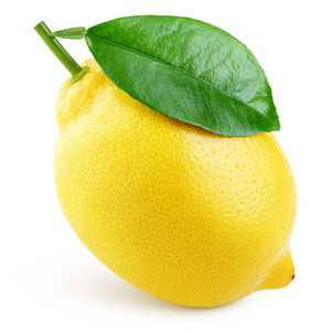 成熟的全黄柠檬柑橘类水果，在白色背景上分离出绿叶。 有剪裁路径。 完全的景深。