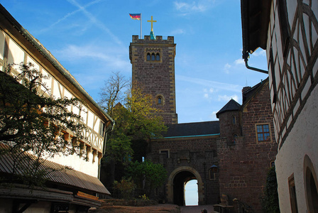 沃尔堡城堡附近的艾森纳赫保持德语伯格弗里德和内院苏林格沃尔德图林根德国欧洲。 保存是中世纪欧洲贵族在城堡内建造的一种加固塔