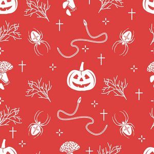 万圣节2019矢量无缝图案与南瓜分支蜘蛛蛇交叉。 设计装饰包装贺卡网页背景织物打印。