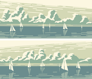 一套水平的简单横幅，有许多不同的帆船和积云在地平线上。