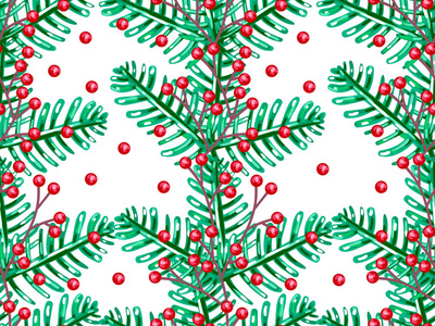 无缝图案与圣诞树树枝和红色浆果矢量插图。 针叶树枝。 现代平面装饰元素的邀请打印卡横幅。 圣诞佳节自然松