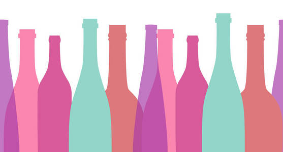 无缝图案包装纸与不同形状的彩色酒瓶。 平面设计矢量图