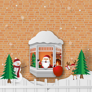 纸艺工艺风格圣诞派对与圣诞老人在窗口圣诞快乐和新年快乐