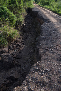 旧路。概念道路在巨大的坑。硬路的象征..大面积地震后道路裂缝