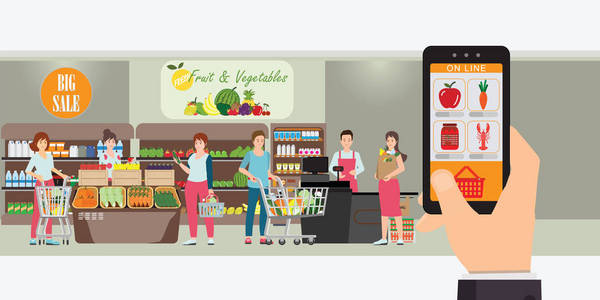 手持智能手机与购物应用，内部商店，杂货店交付互联网订单，在线超市概念矢量插图。