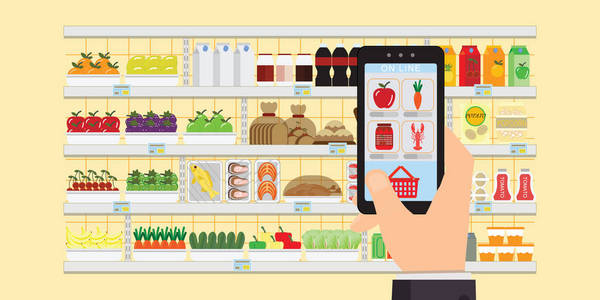 手持智能手机与购物应用，杂货店交付互联网订单，在线超市概念矢量插图。