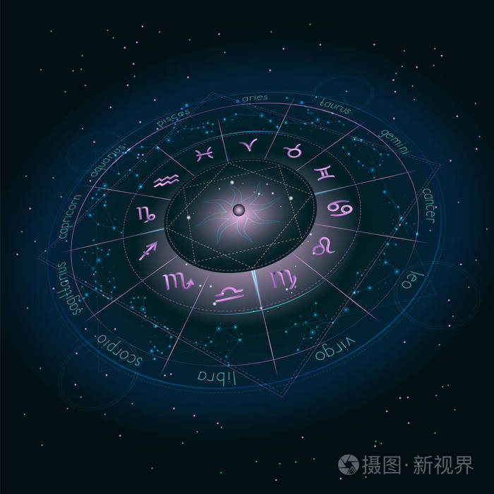 插图与星座圆圈生肖符号和占星术星座在星空背景与几何图案.