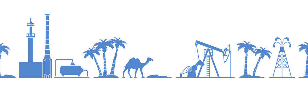 矢量无缝模式与设备的石油生产炼油厂种植骆驼棕榈树。 标题或页脚横幅。 包装织物海报或印刷品的设计。