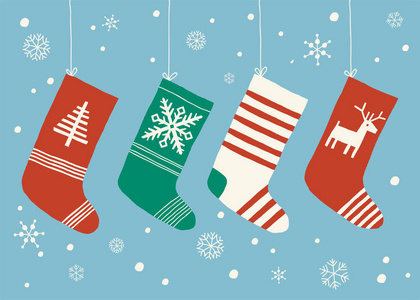 圣诞丝袜背景。圣诞袜子挂。动画片向量手画了 eps 10 例证查出在白色背景在一个平的样式