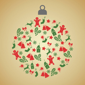 圣诞贺卡与圣诞球与绿色和红色小装饰图标在梯度背景。