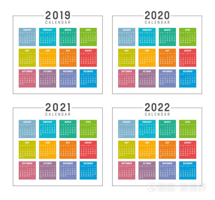 2021与2022的图片,2021与2022 一套极简的彩色日历年2019,2020,2021,2022周开始星期