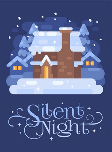 白雪皑皑的冬季村庄景观与一所房子。 寂静的夜晚圣诞平面插图