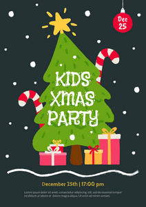 孩子们圣诞晚会邀请模板。平的动画片例证与圣诞树礼物和下落的雪。儿童活动的传单手绘风格。寒假卡设计