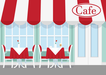 咖啡馆或餐馆桌子的向量例证与椅子, 伞站立在外面。卡通扁平风格的咖啡馆外观
