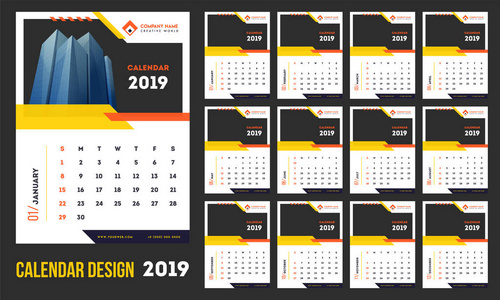 模板风格的日历设计为2019年与空间为您的形象。