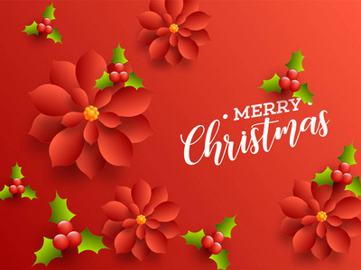 圣诞贺卡设计装饰纸切花和冬青浆果在光滑的红色背景。