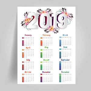 年墙日历设计与剪纸刻字2019年装饰花卉。