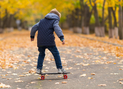 穿着灰色夹克的小男孩站在滑板上，在公园的人行道上，从他的背上看到了满是黄叶的全长