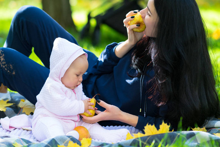 在公园或花园里的一幅亲密的家庭毯子上吃新鲜的秋天苹果，在亲密的家庭肖像中