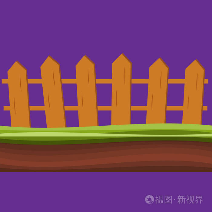 卡通农村木栅栏绿色草地矢量插图. 木材农场围栏户外.