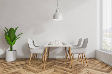 现代餐厅的内部，白色墙壁，木制地板，白色和木制桌子站在白色和木制椅子附近。 3D渲染