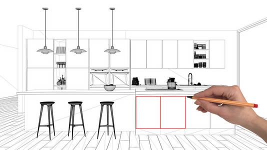 室内设计项目概念手绘定制建筑黑白墨水草图蓝图显示极简厨房与岛屿和吊灯