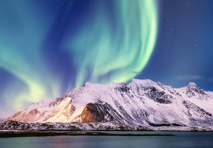 挪威洛夫顿群岛上的北极光。 群山之上的绿色北极光。 夜空中有极地的灯光。 夜间冬季景观有极光和水面反射。 挪威的自然背景