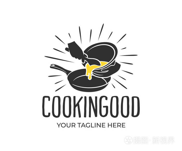 烹饪倒入配料炒锅复古风格的标志设计烹饪美食厨房餐厅小吃店和餐厅