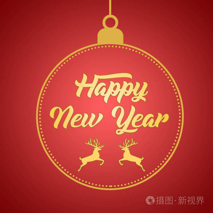 新年快乐贺卡设计模板布局在红色渐变背景与鹿,文字与手绘在球.