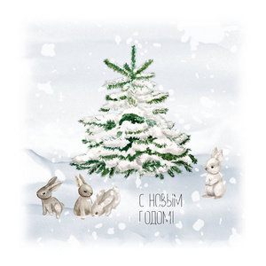 水彩圣诞树兔子和雪。 最小优雅的假日设计模板。 手绘卡片与文字圣诞快乐。