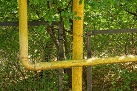 栅栏处的黄色铁气管长满了绿色植被