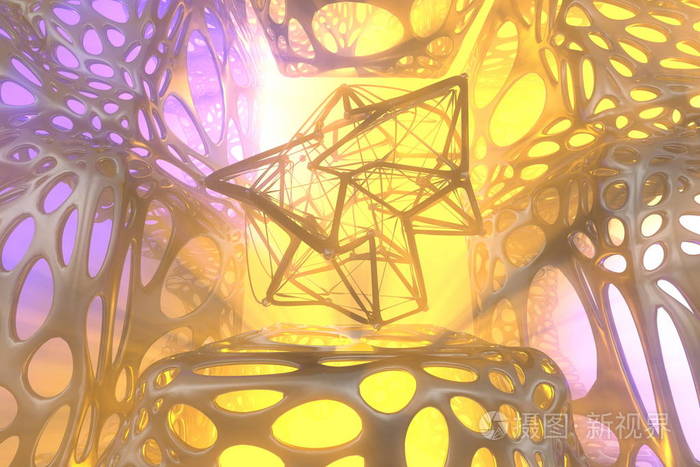具有光神的抽象科幻室内空间中的多边形科幻背景