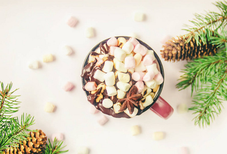圣诞节背景下的热巧克力和棉花糖。 选择性聚焦。 食物。