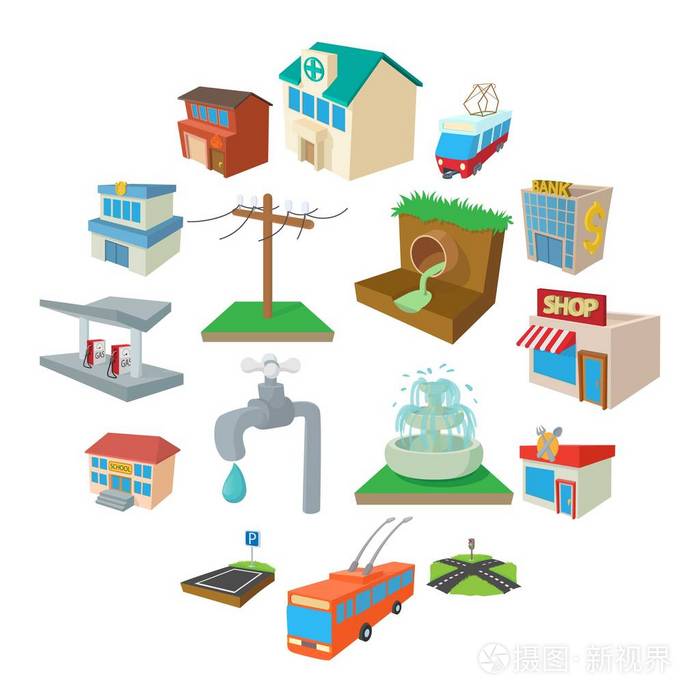 城市基础设施的图标集,卡通风格