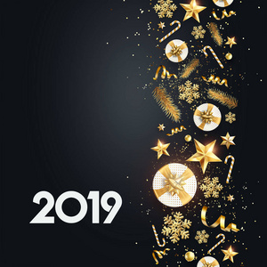 创意背景，2019年快乐新年背景。 圣诞节和2019年新年贺卡的黄金设计。 新年传单贺卡节日背景复印空间。