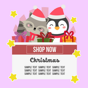 圣诞商店主题与企鹅和狐狸