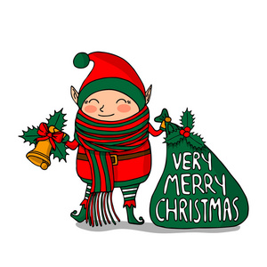 可爱的滑稽人物圣诞精灵与长围巾拿着礼品袋和手钟, 查出在白色背景