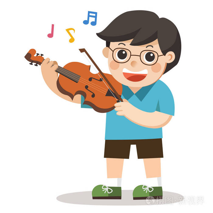 一个在白色背景下拉小提琴的男孩. 儿童音乐表演.